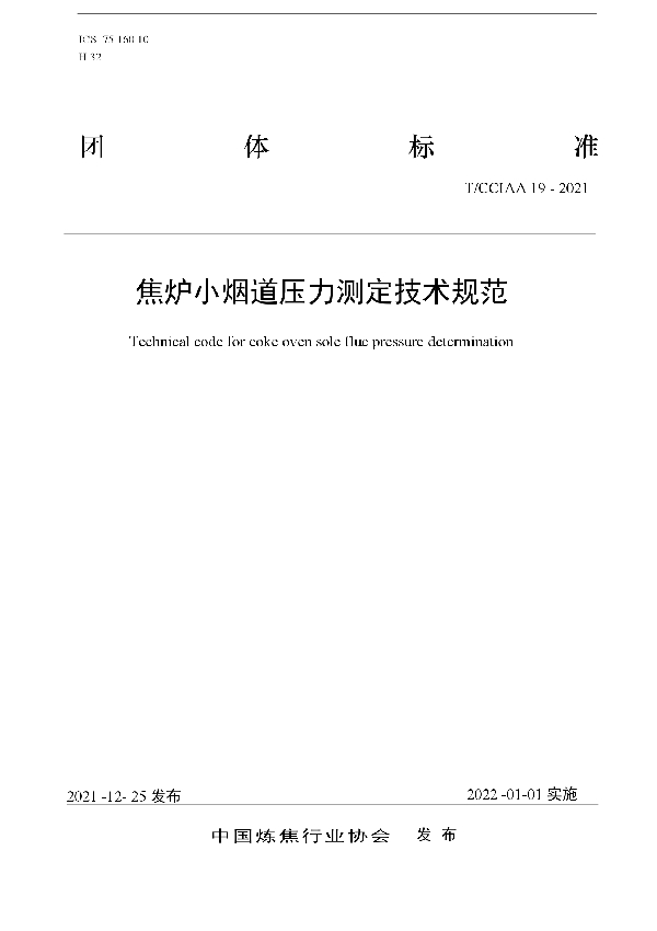 焦炉小烟道压力测定技术规范 (T/CCIAA 19-2021)