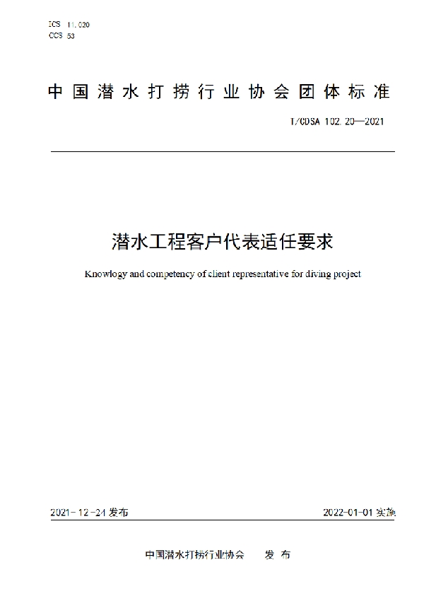 潜水工程客户代表适任要求 (T/CDSA 102.20-2021)