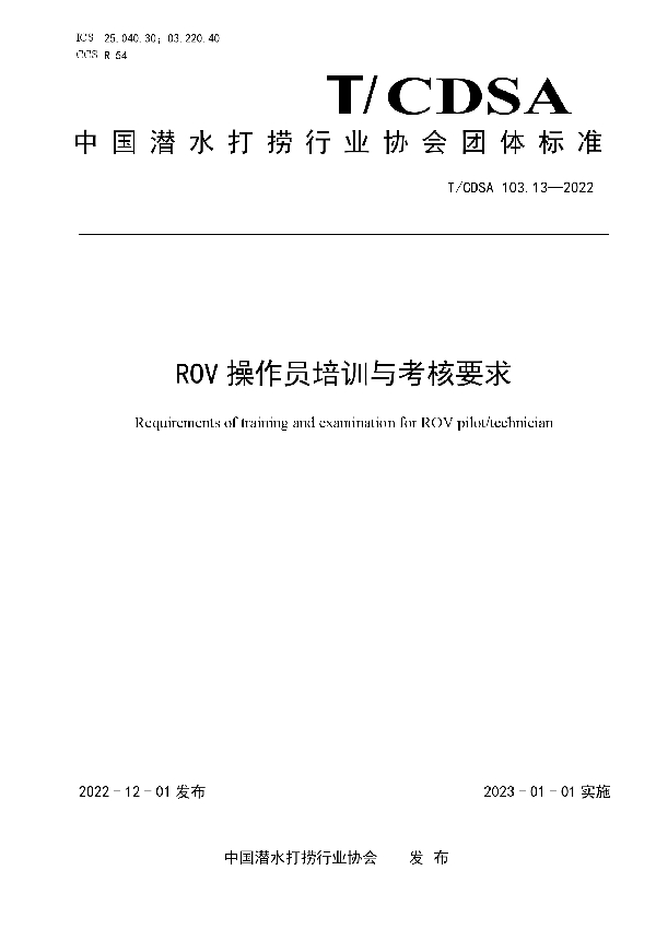 ROV 操作员培训与考核要求 (T/CDSA 103.13-2022)