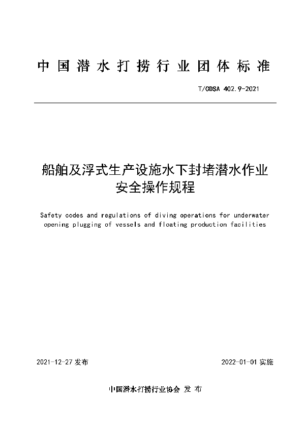 船舶及浮式生产设施水下封堵潜水作业安全操作规程 (T/CDSA 402.9-2021)