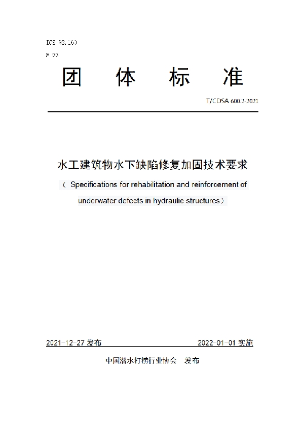 水工建筑物水下缺陷修复加固技术要求 (T/CDSA 600.2-2021)