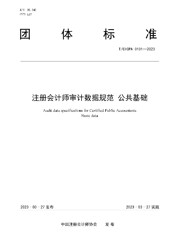 注册会计师审计数据规范 公共基础 (T/CICPA 0101-2023)