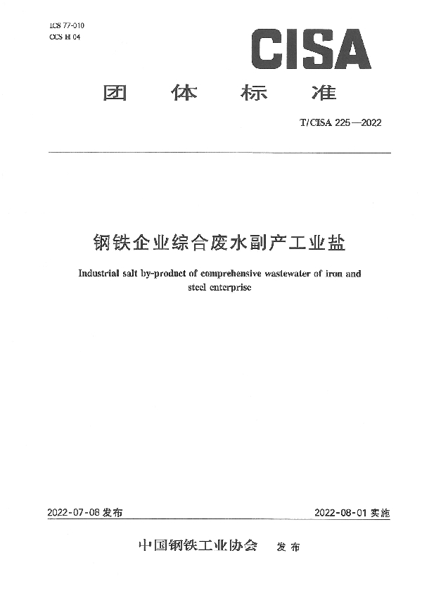 钢铁企业综合废水副产工业盐 (T/CISA 225-2022)