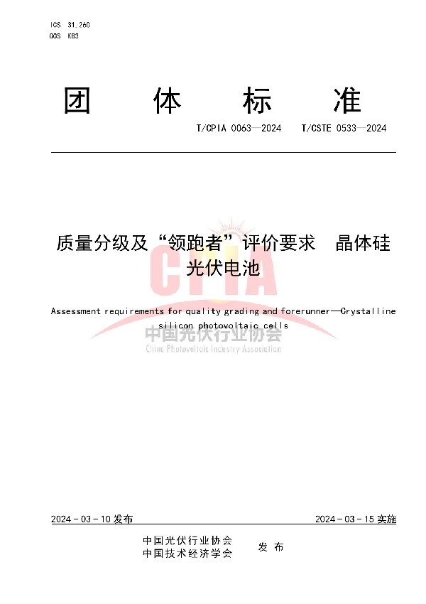 质量分级及“领跑者”评价要求  晶体硅光伏电池 (T/CPIA 0063-2024)