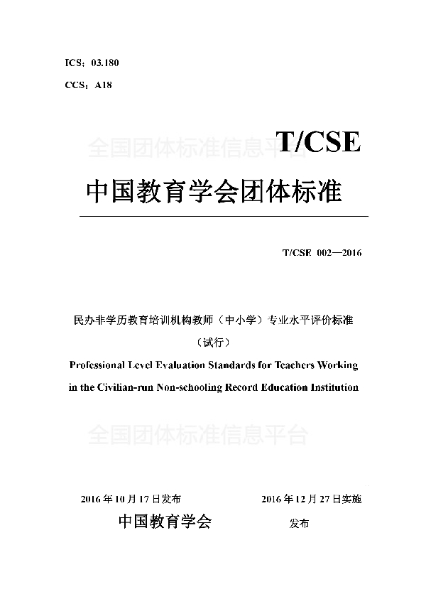 民办非学历教育培训机构教师（中小学）专业水平评价标准（试行） (T/CSE 002-2016)