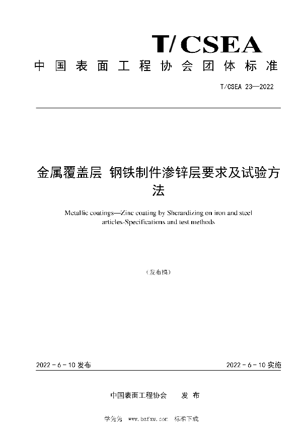 金属覆盖层 钢铁制件渗锌层要求及试验方法 (T/CSEA 23-2022)