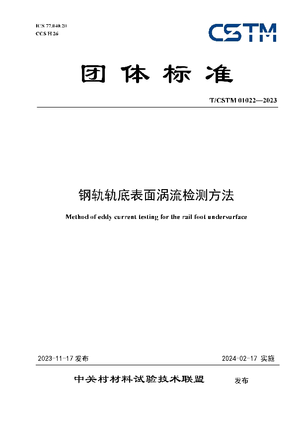 钢轨轨底表面涡流检测方法 (T/CSTM 01022-2023)