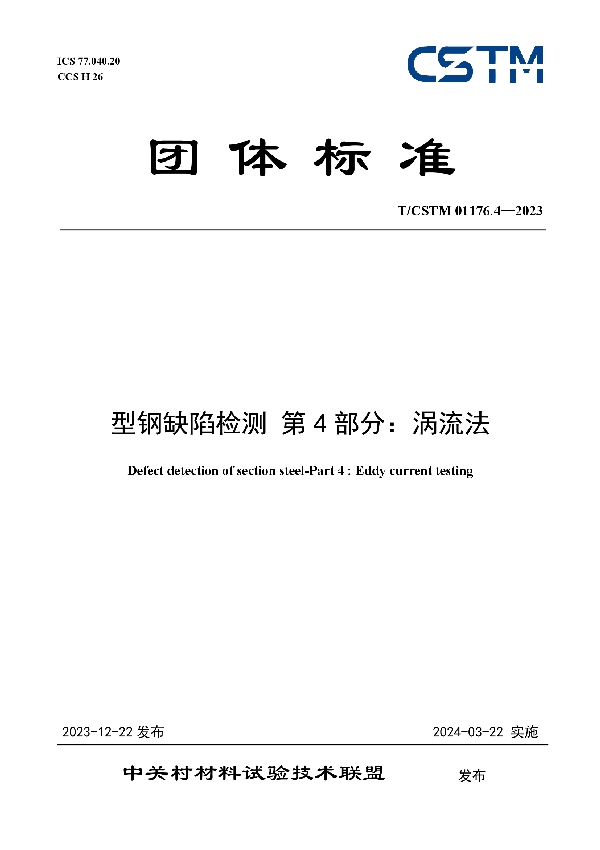 型钢缺陷检测 第4部分：涡流法 (T/CSTM 01176.4-2023)