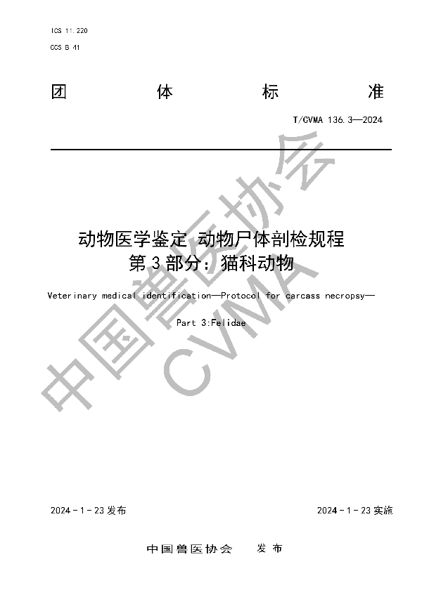 动物医学鉴定 动物尸体剖检规程 第 3 部分：猫科动物 (T/CVMA 136.3-2024)