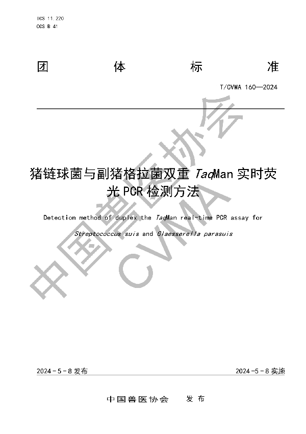 猪链球菌与副猪格拉菌双重TaqMan实时荧光PCR检测方法 (T/CVMA 160-2024)