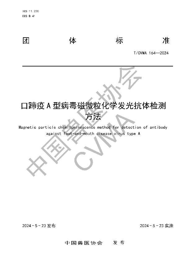 口蹄疫A型病毒磁微粒化学发光抗体检测方法 (T/CVMA 164-2024)