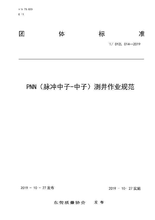 PNN（脉冲中子-中子）测井作业规范 (T/DYZL 014-2019)