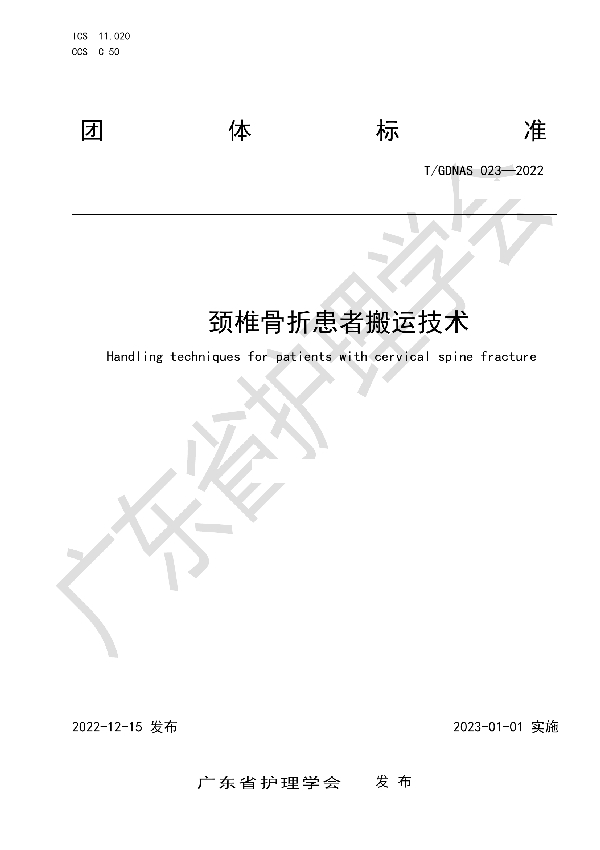 颈椎骨折患者搬运技术 (T/GDNAS 023-2022)