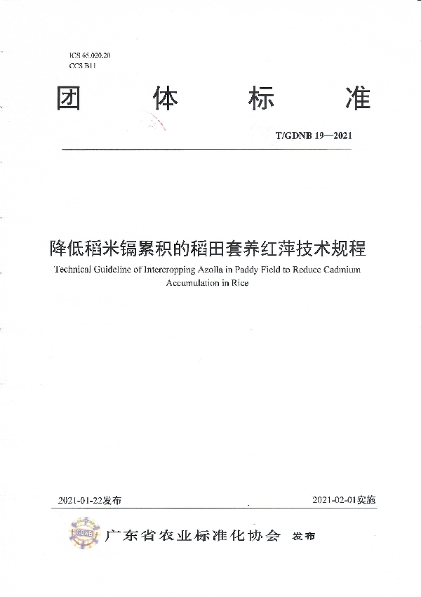 降低稻米镉累积的稻田套养红萍技术规程 (T/GDNB 19-2021)