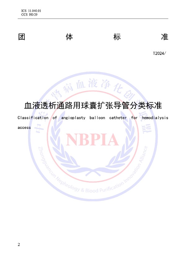 血液透析通路用球囊扩张导管分类标准 (T/NBPIA 012-2024)