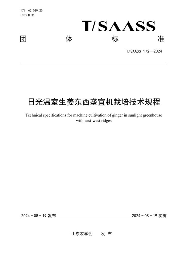 日光温室生姜东西垄宜机栽培技术规程 (T/SAASS 172-2024)