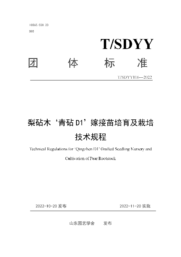 梨砧木‘青砧D1’嫁接苗培育及栽培技术规程 (T/SDYY 116-2022)