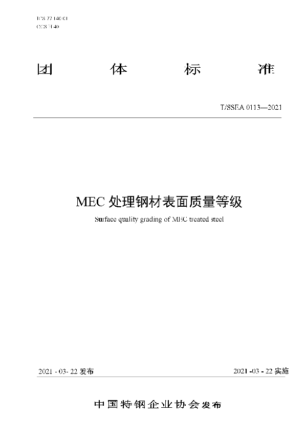 MEC处理钢材表面质量等级 (T/SSEA 0113-2021)