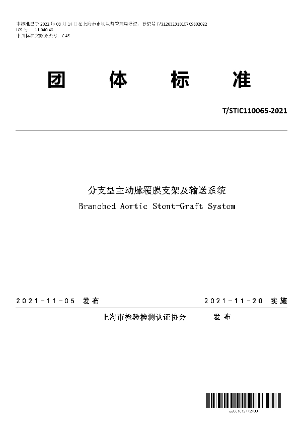 分支型主动脉覆膜支架及输送系统 (T/STIC 110065-2021)