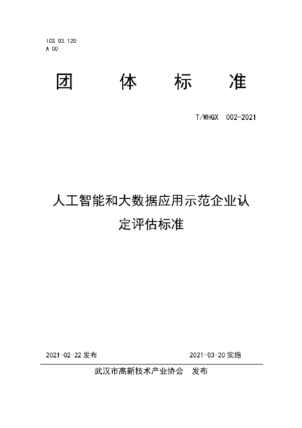 人工智能和大数据应用示范企业认定评估标准 (T/WHGX 002-2021)