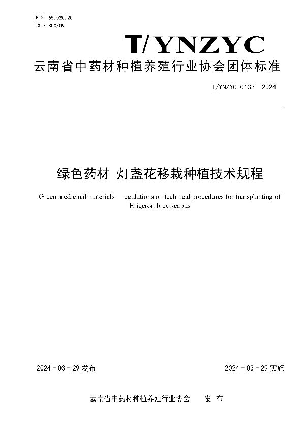 绿色药材 灯盏花移栽种植技术规程 (T/YNZYC 0133-2024)